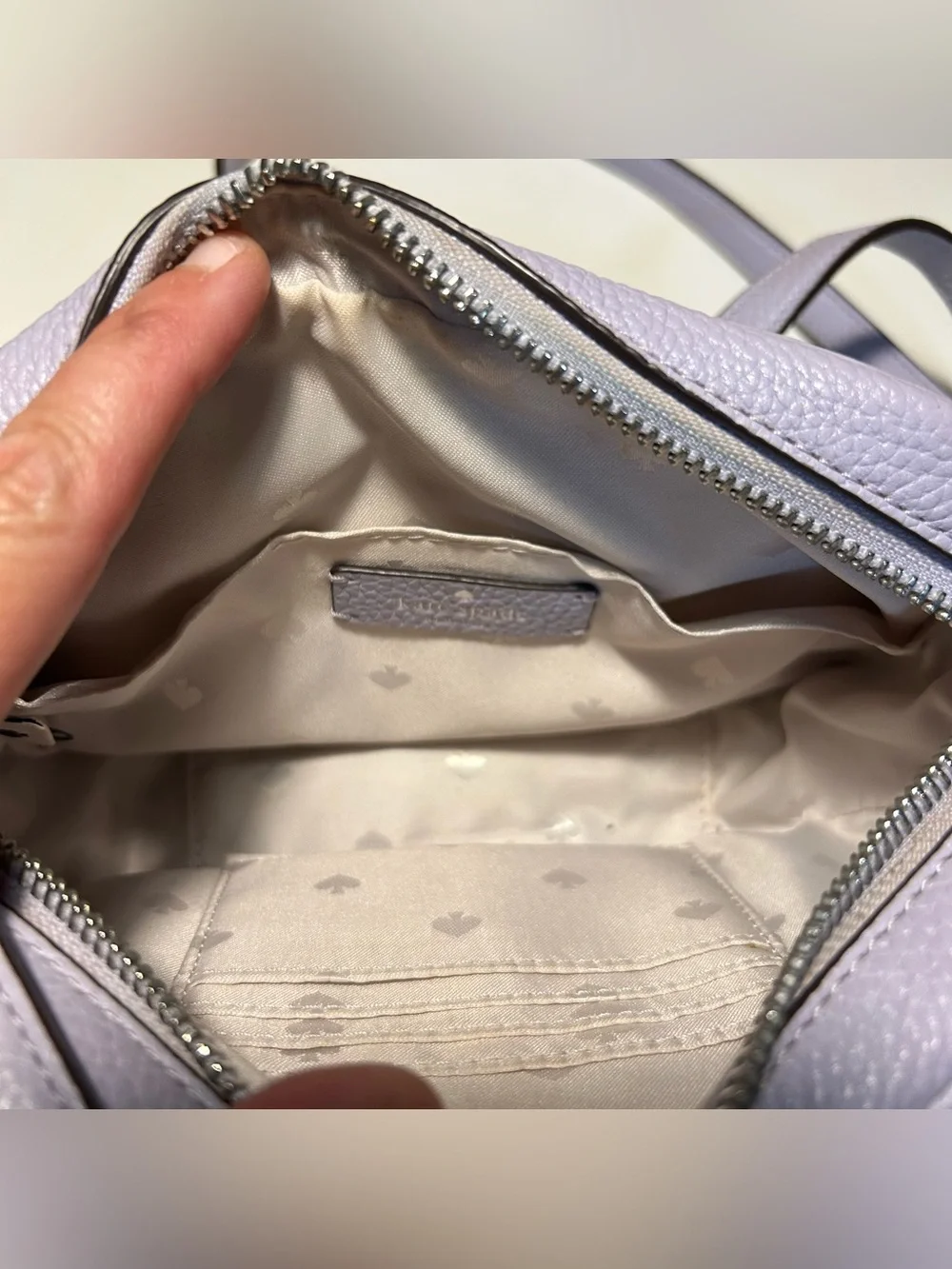 Kate Spade Kourtney Lavender Pebbled Crossbody Tassel Bag Silver Zip Top